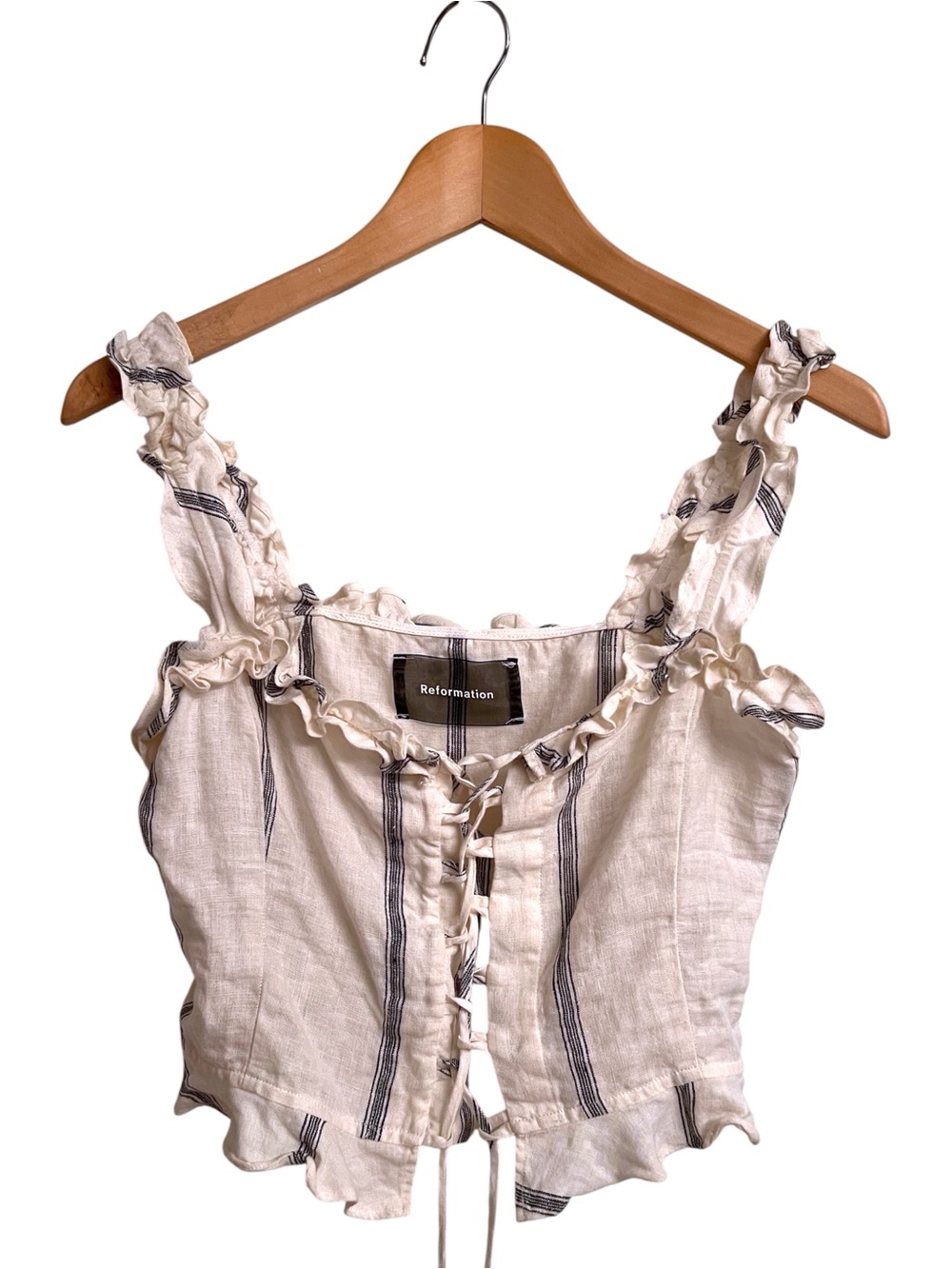 Reformation Linen Striped Lace-Up Ruffled Corset Style White Gray Top Size 6 - Picture 2 of 5